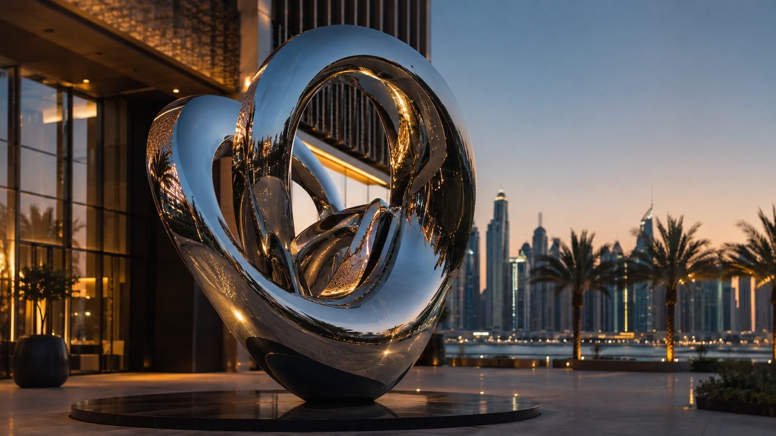 Monumental mirror-polished stainless steel sculpture at a Dubai hotel forecourt at dusk with the Dubai skyline behind