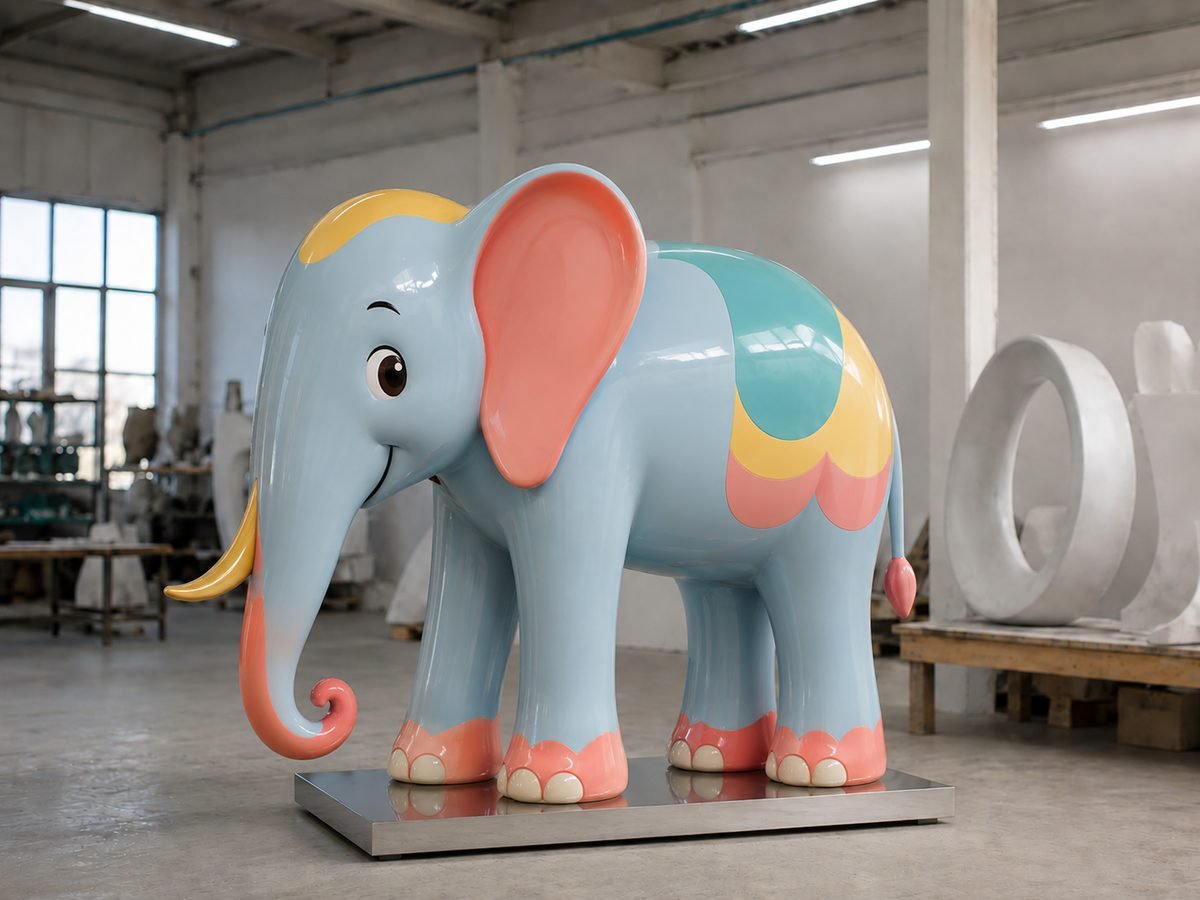Glossy hand-painted fiberglass FRP elephant sculpture on a steel base in a UAE fabrication studio