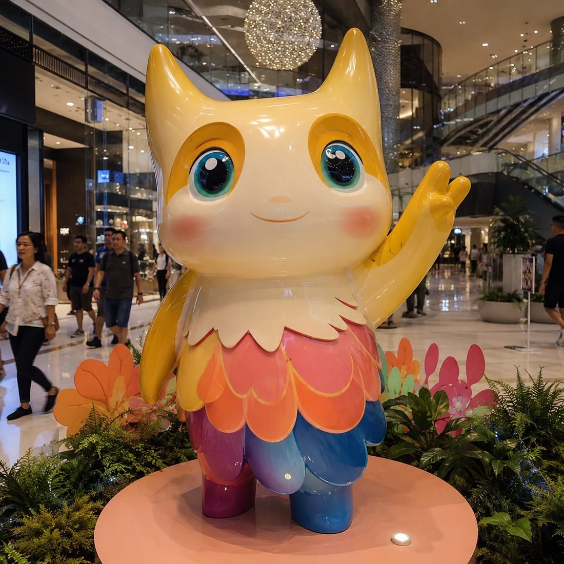Giant glossy fiberglass mascot sculpture at a shopping mall brand activation in the UAE