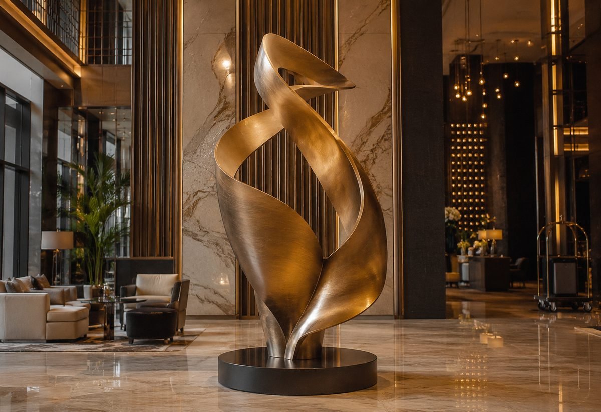 Large abstract bronze-finish sculpture as the centrepiece of a luxury hotel lobby with marble and warm lighting