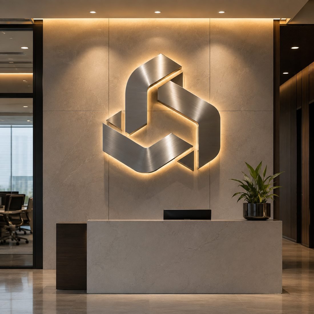 Backlit brushed-metal 3D logo sculpture on a stone corporate reception wall
