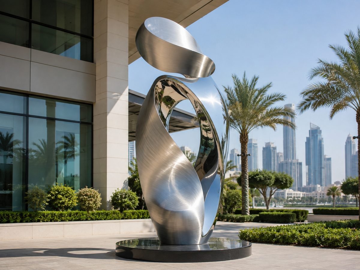 Brushed and mirror-polished stainless steel abstract sculpture outdoors with Dubai skyline and palms